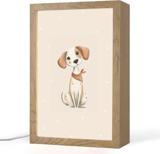 Nachtlampje 20x30 cm - Kinder lampje - Hond - Pup - Beige - Stippen - Tafellamp kinderkamer - Slaapkamer lamp - Bedlamp kinderen - Kinderlampje stopcontact - Wandlamp babykamer - Nachtlampjes van OnlyWow