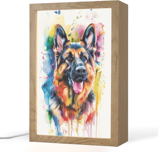 Nachtlampje 20x30 cm - Kinder lampje - Hond - Verf - Dieren - Kleurrijk - Duitse Herder - Tafellamp kinderkamer - Slaapkamer lamp - Bedlamp kinderen - Kinderlampje stopcontact - Wandlamp babykamer - Nachtlampjes van Merkloos
