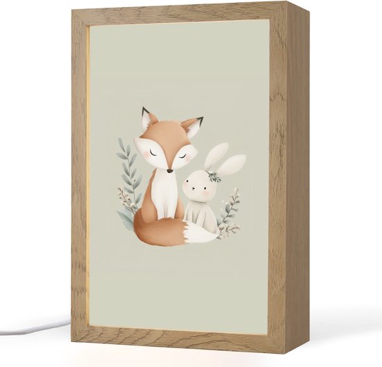 Nachtlampje 20x30 cm - Kinder lampje - Illustratie - Vos - Konijn - Bladeren - Tafellamp kinderkamer - Slaapkamer lamp - Bedlamp kinderen - Kinderlampje stopcontact - Wandlamp babykamer - Nachtlampjes van Merkloos