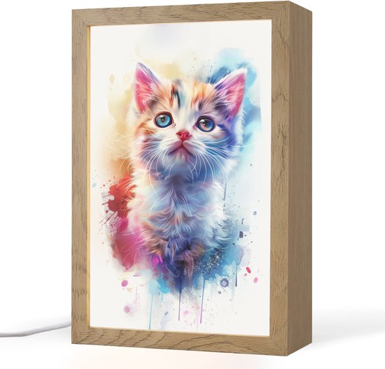 Nachtlampje 20x30 cm - Kinder lampje - Kat - Portret - Kleuren - Verf - Wit - Tafellamp kinderkamer - Slaapkamer lamp - Bedlamp kinderen - Kinderlampje stopcontact - Wandlamp babykamer - Nachtlampjes