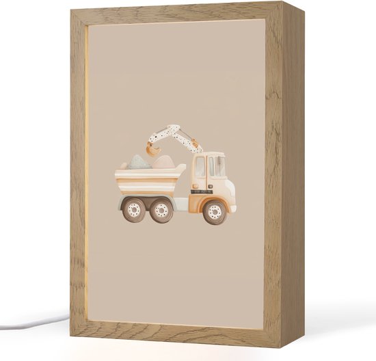 Nachtlampje 20x30 cm - Kinder lampje - Kiepwagen - Auto - Beige - Tafellamp kinderkamer - Slaapkamer lamp - Bedlamp kinderen - Kinderlampje stopcontact - Wandlamp babykamer - Nachtlampjes van Merkloos