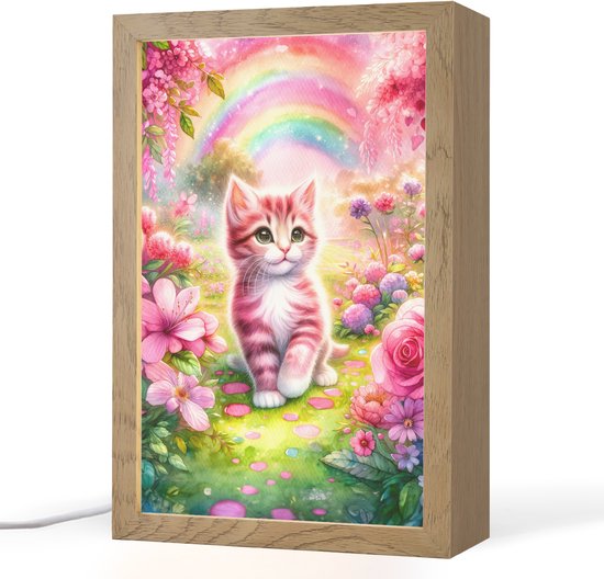 Nachtlampje 20x30 cm - Kinder lampje - Kitten - Roze - Kat - Regenboog - Bloemen - Tafellamp kinderkamer - Slaapkamer lamp - Bedlamp kinderen - Kinderlampje stopcontact - Wandlamp babykamer - Nachtlampjes van Merkloos
