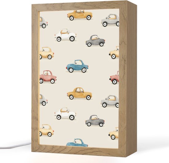 Nachtlampje 20x30 cm - Kinder lampje - Kleurrijke - Retro - Autootjes - Tafellamp kinderkamer - Slaapkamer lamp - Bedlamp kinderen - Kinderlampje stopcontact - Wandlamp babykamer - Nachtlampjes van Walplus