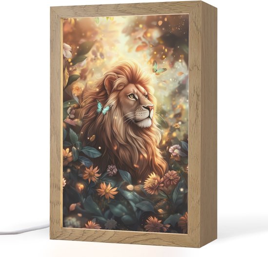 Nachtlampje 20x30 cm - Kinder lampje - Leeuw - Dieren - Bloemen - Jungle - Tafellamp kinderkamer - Slaapkamer lamp - Bedlamp kinderen - Kinderlampje stopcontact - Wandlamp babykamer - Nachtlampjes van Mica Decorations
