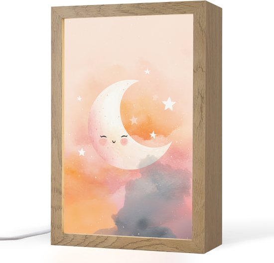 Nachtlampje 20x30 cm - Kinder lampje - Maan - Gezichtje - Sterren - Roze - Tafellamp kinderkamer - Slaapkamer lamp - Bedlamp kinderen - Kinderlampje stopcontact - Wandlamp babykamer - Nachtlampjes