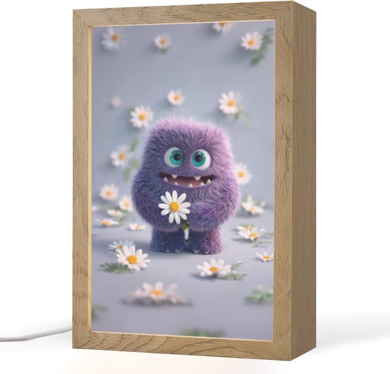 Nachtlampje 20x30 cm - Kinder lampje - Monster - Paars - Madeliefjes - Tafellamp kinderkamer - Slaapkamer lamp - Bedlamp kinderen - Kinderlampje stopcontact - Wandlamp babykamer - Nachtlampjes