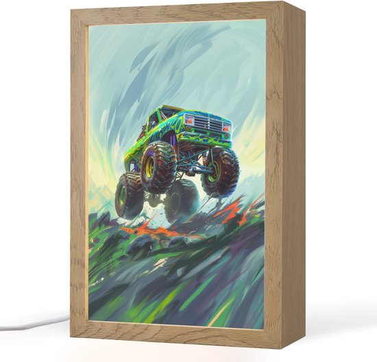Nachtlampje 20x30 cm - Kinder lampje - Monstertruck - Auto - Jongens - Groen - Tafellamp kinderkamer - Slaapkamer lamp - Bedlamp kinderen - Kinderlampje stopcontact - Wandlamp babykamer - Nachtlampjes van Merkloos