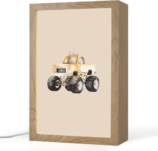 Nachtlampje 20x30 cm - Kinder lampje - Monstertruck - Geel - Beige - Tafellamp kinderkamer - Slaapkamer lamp - Bedlamp kinderen - Kinderlampje stopcontact - Wandlamp babykamer - Nachtlampjes van OnlyWow