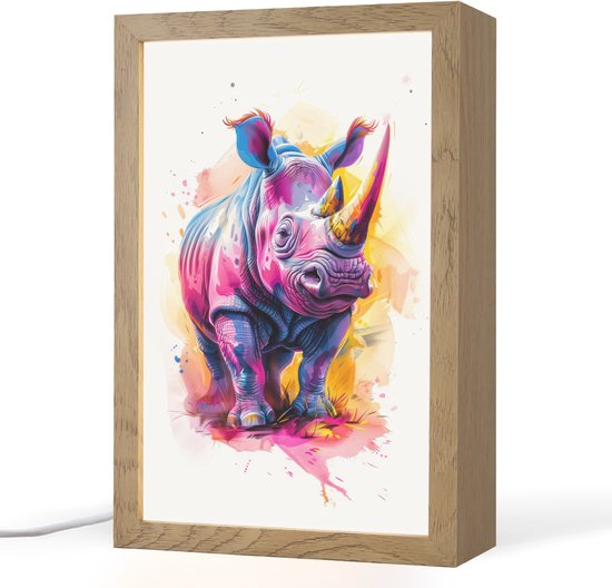 Nachtlampje 20x30 cm - Kinder lampje - Neushoorn - Kleurrijk - Verf - Dieren - Tafellamp kinderkamer - Slaapkamer lamp - Bedlamp kinderen - Kinderlampje stopcontact - Wandlamp babykamer - Nachtlampjes