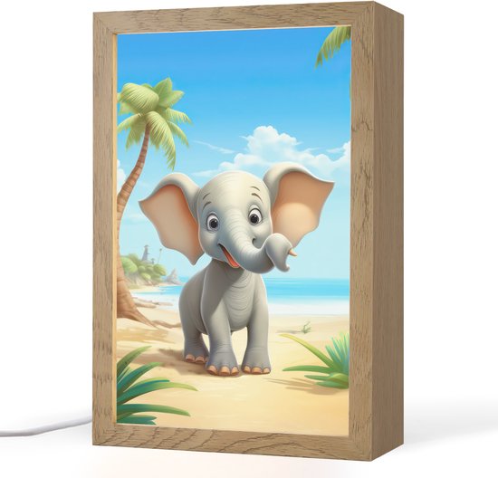 Nachtlampje 20x30 cm - Kinder lampje - Olifant - Strand - Dieren - Meisjes - Kind - Tafellamp kinderkamer - Slaapkamer lamp - Bedlamp kinderen - Kinderlampje stopcontact - Wandlamp babykamer - Nachtlampjes