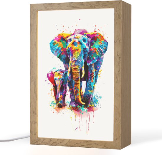 Nachtlampje 20x30 cm - Kinder lampje - Olifanten - Dieren - Verf - Kleurrijk - Tafellamp kinderkamer - Slaapkamer lamp - Bedlamp kinderen - Kinderlampje stopcontact - Wandlamp babykamer - Nachtlampjes van Merkloos