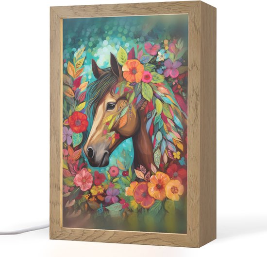 Nachtlampje 20x30 cm - Kinder lampje - Paard - Bloemen - Schilderij - Natuur - Verf - Tafellamp kinderkamer - Slaapkamer lamp - Bedlamp kinderen - Kinderlampje stopcontact - Wandlamp babykamer - Nachtlampjes van Merkloos