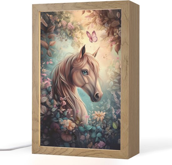 Nachtlampje 20x30 cm - Kinder lampje - Paard - Bloemen - Vlinders - Tafellamp kinderkamer - Slaapkamer lamp - Bedlamp kinderen - Kinderlampje stopcontact - Wandlamp babykamer - Nachtlampjes