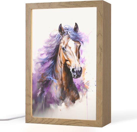 Nachtlampje 20x30 cm - Kinder lampje - Paard - Dieren - Meiden - Paars - Bruin - Tafellamp kinderkamer - Slaapkamer lamp - Bedlamp kinderen - Kinderlampje stopcontact - Wandlamp babykamer - Nachtlampjes van Merkloos