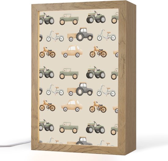 Nachtlampje 20x30 cm - Kinder lampje - Retro - voertuigen - patroon - Tafellamp kinderkamer - Slaapkamer lamp - Bedlamp kinderen - Kinderlampje stopcontact - Wandlamp babykamer - Nachtlampjes van Merkloos