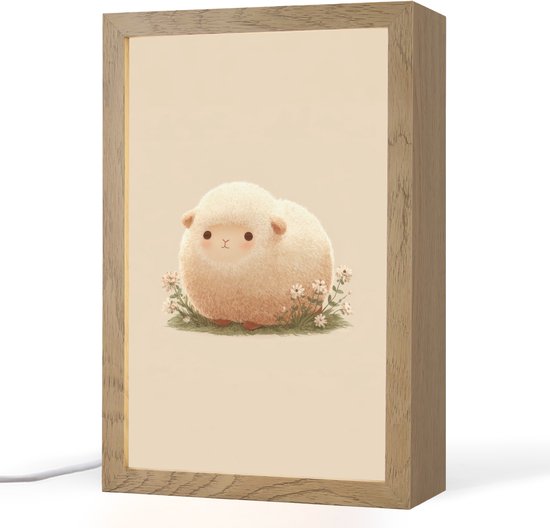 Nachtlampje 20x30 cm - Kinder lampje - Schaap - Beige - Bloemen - Tafellamp kinderkamer - Slaapkamer lamp - Bedlamp kinderen - Kinderlampje stopcontact - Wandlamp babykamer - Nachtlampjes