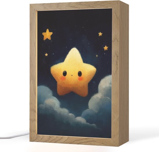 Nachtlampje 20x30 cm - Kinder lampje - Ster - Gezichtje - Nacht - Wolken - Tafellamp kinderkamer - Slaapkamer lamp - Bedlamp kinderen - Kinderlampje stopcontact - Wandlamp babykamer - Nachtlampjes van OnlyWow
