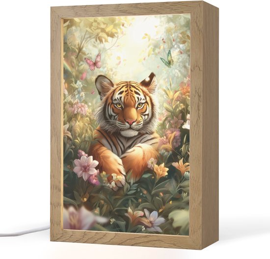 Nachtlampje 20x30 cm - Kinder lampje - Tijger - Bloemen - Jungle - Dieren - Tafellamp kinderkamer - Slaapkamer lamp - Bedlamp kinderen - Kinderlampje stopcontact - Wandlamp babykamer - Nachtlampjes