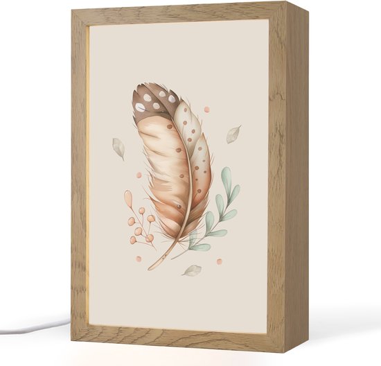 Nachtlampje 20x30 cm - Kinder lampje - Veer - Bohemian - Boho - Pastel kleuren - Tafellamp kinderkamer - Slaapkamer lamp - Bedlamp kinderen - Kinderlampje stopcontact - Wandlamp babykamer - Nachtlampjes
