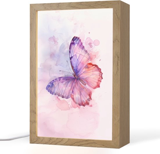 Nachtlampje 20x30 cm - Kinder lampje - Vlinder - Paars - Pastel kleuren - Verf - Tafellamp kinderkamer - Slaapkamer lamp - Bedlamp kinderen - Kinderlampje stopcontact - Wandlamp babykamer - Nachtlampjes van Merkloos