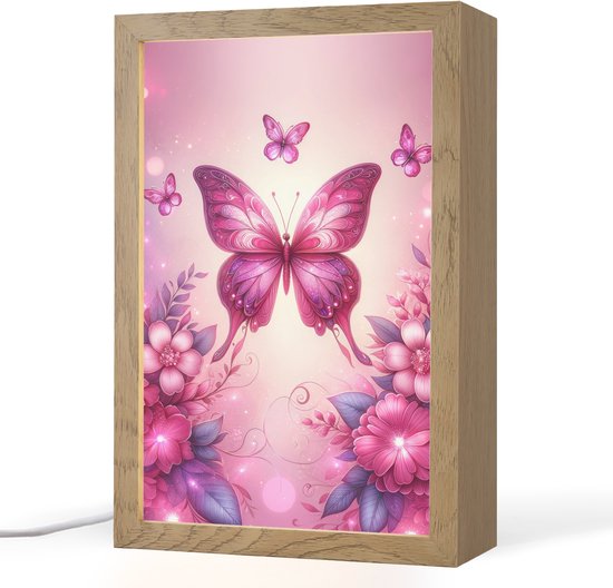Nachtlampje 20x30 cm - Kinder lampje - Vlinder - Roze - Bloemen - Tafellamp kinderkamer - Slaapkamer lamp - Bedlamp kinderen - Kinderlampje stopcontact - Wandlamp babykamer - Nachtlampjes van Merkloos