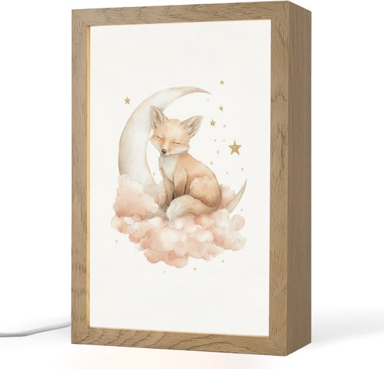 Nachtlampje 20x30 cm - Kinder lampje - Vos - Wolken - Maan - Sterren - Tafellamp kinderkamer - Slaapkamer lamp - Bedlamp kinderen - Kinderlampje stopcontact - Wandlamp babykamer - Nachtlampjes van Merkloos