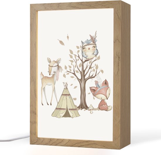 Nachtlampje 20x30 cm - Kinder lampje - Wilde dieren - Bos - Illustratie - Tafellamp kinderkamer - Slaapkamer lamp - Bedlamp kinderen - Kinderlampje stopcontact - Wandlamp babykamer - Nachtlampjes