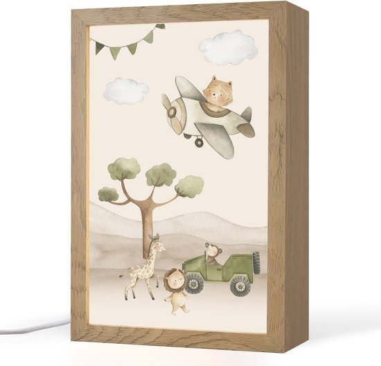 Nachtlampje 20x30 cm - Kinder lampje - Wilde dieren - Safari - Pastel kleuren - Watercolor - Vliegtuig - Tafellamp kinderkamer - Slaapkamer lamp - Bedlamp kinderen - Kinderlampje stopcontact - Wandlamp babykamer - Nachtlampjes