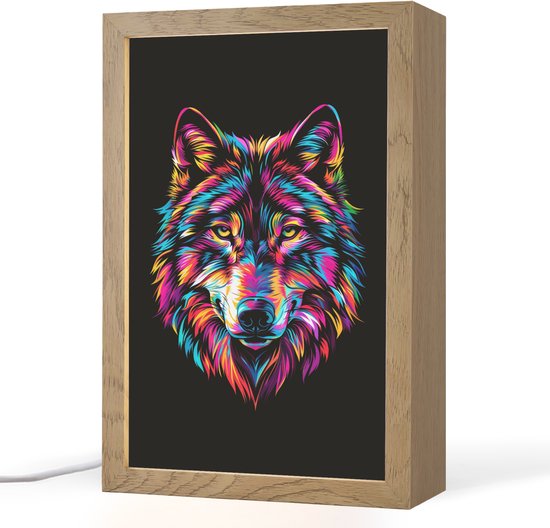 Nachtlampje 20x30 cm - Kinder lampje - Wolf - Kleurrijk - Zwart - Dieren - Neon - Tafellamp kinderkamer - Slaapkamer lamp - Bedlamp kinderen - Kinderlampje stopcontact - Wandlamp babykamer - Nachtlampjes van Merkloos