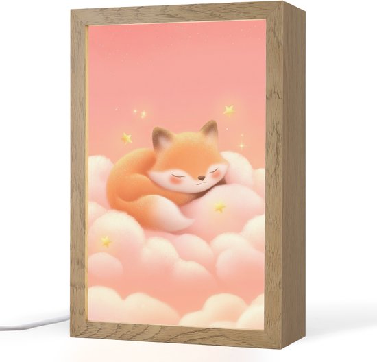 Nachtlampje 20x30 cm - Kinder lampje - Wolken - Vos - Oranje - Sterren - Tafellamp kinderkamer - Slaapkamer lamp - Bedlamp kinderen - Kinderlampje stopcontact - Wandlamp babykamer - Nachtlampjes van Merkloos