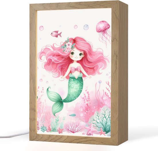 Nachtlampje 20x30 cm - Kinder lampje - Zeemeermin - Roze - Zeedieren - Onderwater - Tafellamp kinderkamer - Slaapkamer lamp - Bedlamp kinderen - Kinderlampje stopcontact - Wandlamp babykamer - Nachtlampjes