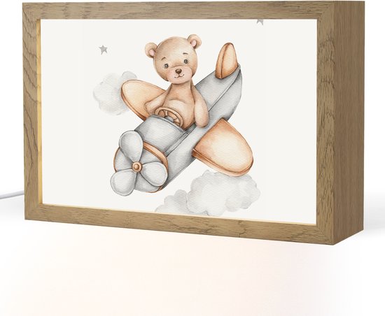 Nachtlampje 30x20 cm - Kinder lamp - Beer - Vliegtuig - Sterren - Kinderen - Tafellamp kinderkamer - Slaapkamer lamp - Bedlamp kinderen - Kinderlampje stopcontact - Wandlamp babykamer - Nachtlampjes van Smart&Geek
