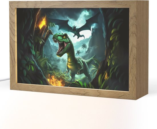 Nachtlampje 30x20 cm - Kinder lamp - Dinosaurus - Draak - Jungle - Groen - Tafellamp kinderkamer - Slaapkamer lamp - Bedlamp kinderen - Kinderlampje stopcontact - Wandlamp babykamer - Nachtlampjes van Merkloos