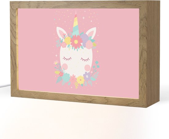 Nachtlampje 30x20 cm - Kinder lamp - Eenhoorn - Bloemen - Roze - Tafellamp kinderkamer - Slaapkamer lamp - Bedlamp kinderen - Kinderlampje stopcontact - Wandlamp babykamer - Nachtlampjes van Merkloos