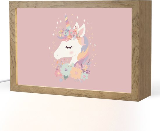 Nachtlampje 30x20 cm - Kinder lamp - Eenhoorn - Roze - Bloemen - Tafellamp kinderkamer - Slaapkamer lamp - Bedlamp kinderen - Kinderlampje stopcontact - Wandlamp babykamer - Nachtlampjes van Merkloos