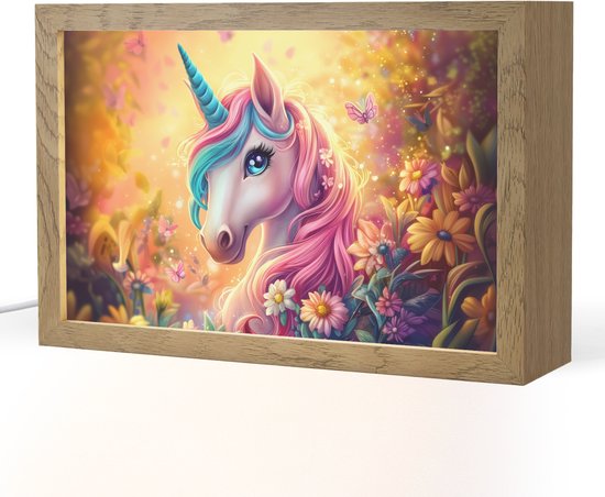 Nachtlampje 30x20 cm - Kinder lamp - Eenhoorn - Roze - Kleurrijk - Sprookjesbos - Tafellamp kinderkamer - Slaapkamer lamp - Bedlamp kinderen - Kinderlampje stopcontact - Wandlamp babykamer - Nachtlampjes van Little Dreamzzz.