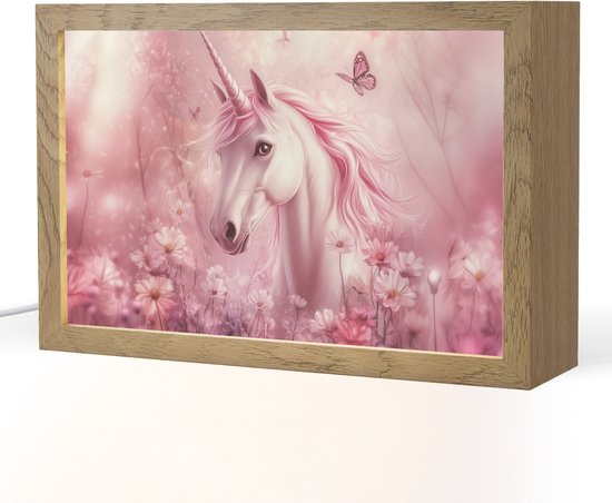 Nachtlampje 30x20 cm - Kinder lamp - Eenhoorn - Roze - Vlinders - Bloemen - Tafellamp kinderkamer - Slaapkamer lamp - Bedlamp kinderen - Kinderlampje stopcontact - Wandlamp babykamer - Nachtlampjes van DecoAction
