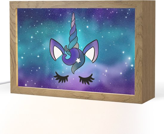 Nachtlampje 30x20 cm - Kinder lamp - Eenhoorn - Sterrenhemel - Ster - Blauw - Tafellamp kinderkamer - Slaapkamer lamp - Bedlamp kinderen - Kinderlampje stopcontact - Wandlamp babykamer - Nachtlampjes van Merkloos