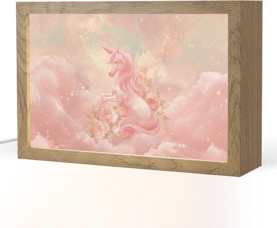 Nachtlampje 30x20 cm - Kinder lamp - Eenhoorn - Wolken - Roze - Tafellamp kinderkamer - Slaapkamer lamp - Bedlamp kinderen - Kinderlampje stopcontact - Wandlamp babykamer - Nachtlampjes van Merkloos