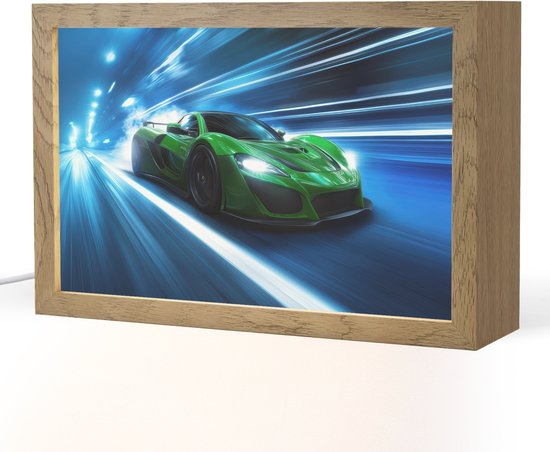 Nachtlampje 30x20 cm - Kinder lamp - Groene racewagen - Blauw - Neon - Licht - Tafellamp kinderkamer - Slaapkamer lamp - Bedlamp kinderen - Kinderlampje stopcontact - Wandlamp babykamer - Nachtlampjes van Merkloos