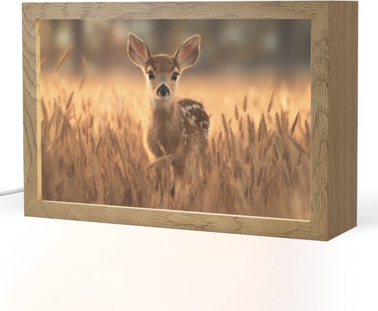 Nachtlampje 30x20 cm - Kinder lamp - Hert - Graanveld - Bruin - Tafellamp kinderkamer - Slaapkamer lamp - Bedlamp kinderen - Kinderlampje stopcontact - Wandlamp babykamer - Nachtlampjes van Theedoekentuig