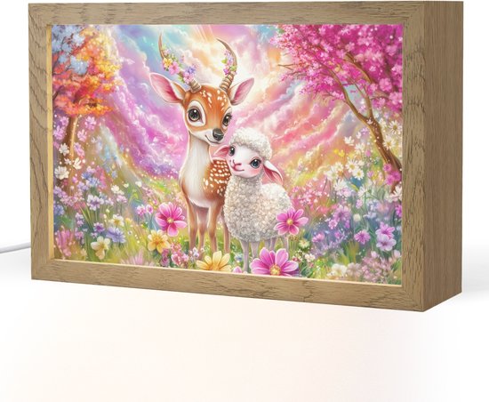 Nachtlampje 30x20 cm - Kinder lamp - Hertje - Lammetje - Bloemen - Pastel - Tafellamp kinderkamer - Slaapkamer lamp - Bedlamp kinderen - Kinderlampje stopcontact - Wandlamp babykamer - Nachtlampjes van Merkloos