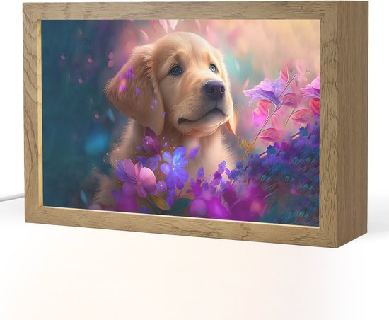 Nachtlampje 30x20 cm - Kinder lamp - Hond - Puppy - Zon - Bloemen - Golden retriever - Tafellamp kinderkamer - Slaapkamer lamp - Bedlamp kinderen - Kinderlampje stopcontact - Wandlamp babykamer - Nachtlampjes van Merkloos