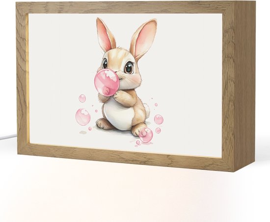 Nachtlampje 30x20 cm - Kinder lamp - Konijn - Roze - Bellen - Tafellamp kinderkamer - Slaapkamer lamp - Bedlamp kinderen - Kinderlampje stopcontact - Wandlamp babykamer - Nachtlampjes van Merkloos