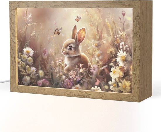Nachtlampje 30x20 cm - Kinder lamp - Konijntje - Bruin - Bloemen - Vlinders - Tafellamp kinderkamer - Slaapkamer lamp - Bedlamp kinderen - Kinderlampje stopcontact - Wandlamp babykamer - Nachtlampjes van Merkloos