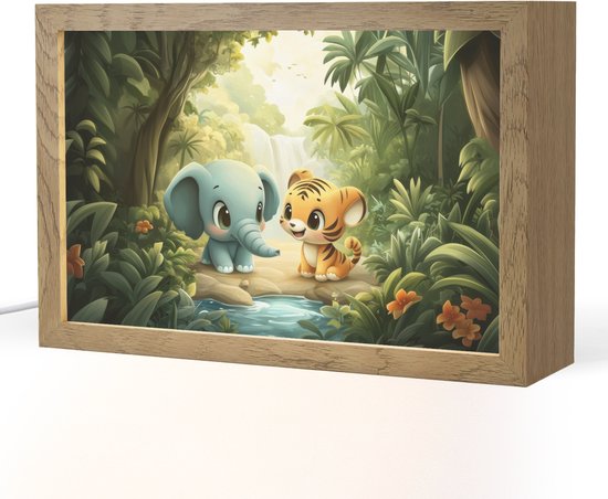 Nachtlampje 30x20 cm - Kinder lamp - Olifant - Tijger - Bos - Jungle - Tafellamp kinderkamer - Slaapkamer lamp - Bedlamp kinderen - Kinderlampje stopcontact - Wandlamp babykamer - Nachtlampjes van Merkloos