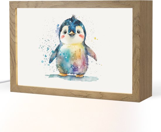 Nachtlampje 30x20 cm - Kinder lamp - Pinguïn - Regenboog - Waterverf - Dieren - Kinderen - Tafellamp kinderkamer - Slaapkamer lamp - Bedlamp kinderen - Kinderlampje stopcontact - Wandlamp babykamer - Nachtlampjes van ATMOSPHERA CREATION.