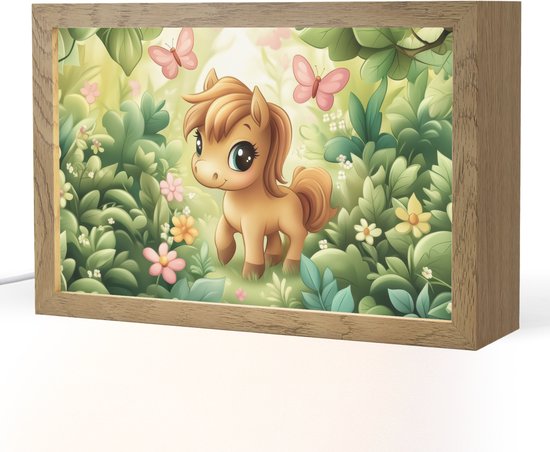 Nachtlampje 30x20 cm - Kinder lamp - Pony - Bruin - Cartoon - Vlinders - Tafellamp kinderkamer - Slaapkamer lamp - Bedlamp kinderen - Kinderlampje stopcontact - Wandlamp babykamer - Nachtlampjes van Merkloos