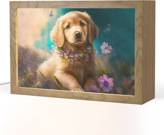 Nachtlampje 30x20 cm - Kinder lamp - Puppy - Bloemenkrans - Vlinder - Hond - Golden retriever - Tafellamp kinderkamer - Slaapkamer lamp - Bedlamp kinderen - Kinderlampje stopcontact - Wandlamp babykamer - Nachtlampjes van Feliz Lifestyle