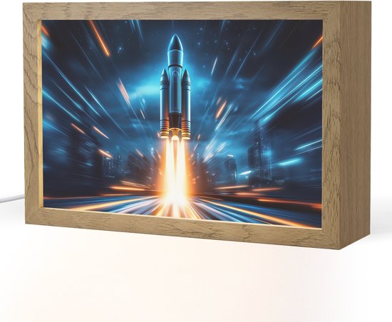 Nachtlampje 30x20 cm - Kinder lamp - Raket - Ruimte - Blauw - Licht - Tafellamp kinderkamer - Slaapkamer lamp - Bedlamp kinderen - Kinderlampje stopcontact - Wandlamp babykamer - Nachtlampjes van Merkloos